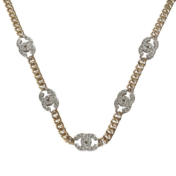 Chanel Crystal Strass Chain CC Link Choker Necklace Gold Silver - Picture 1 of 1